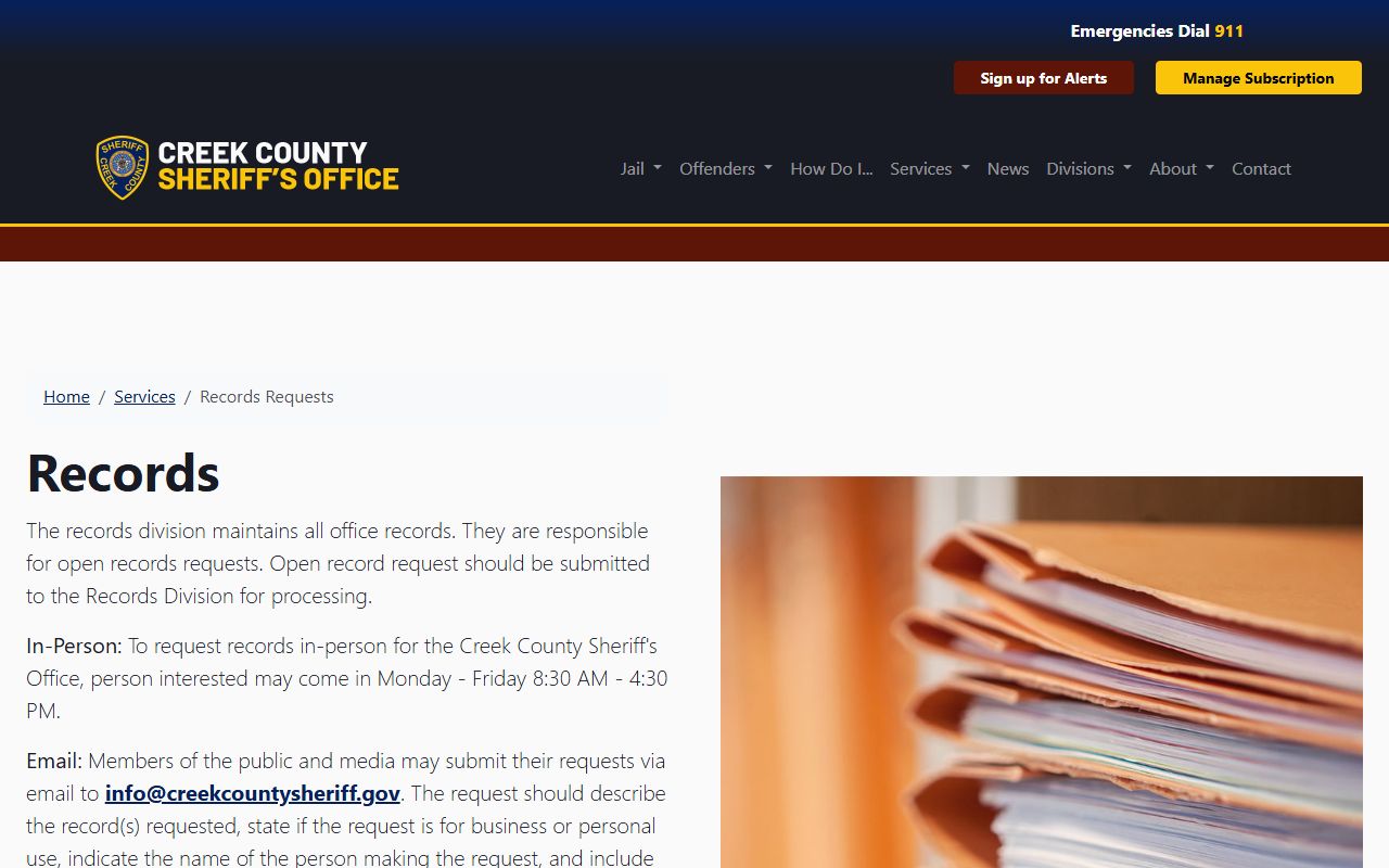 Creek County arrest records Sheriff's Office records request page