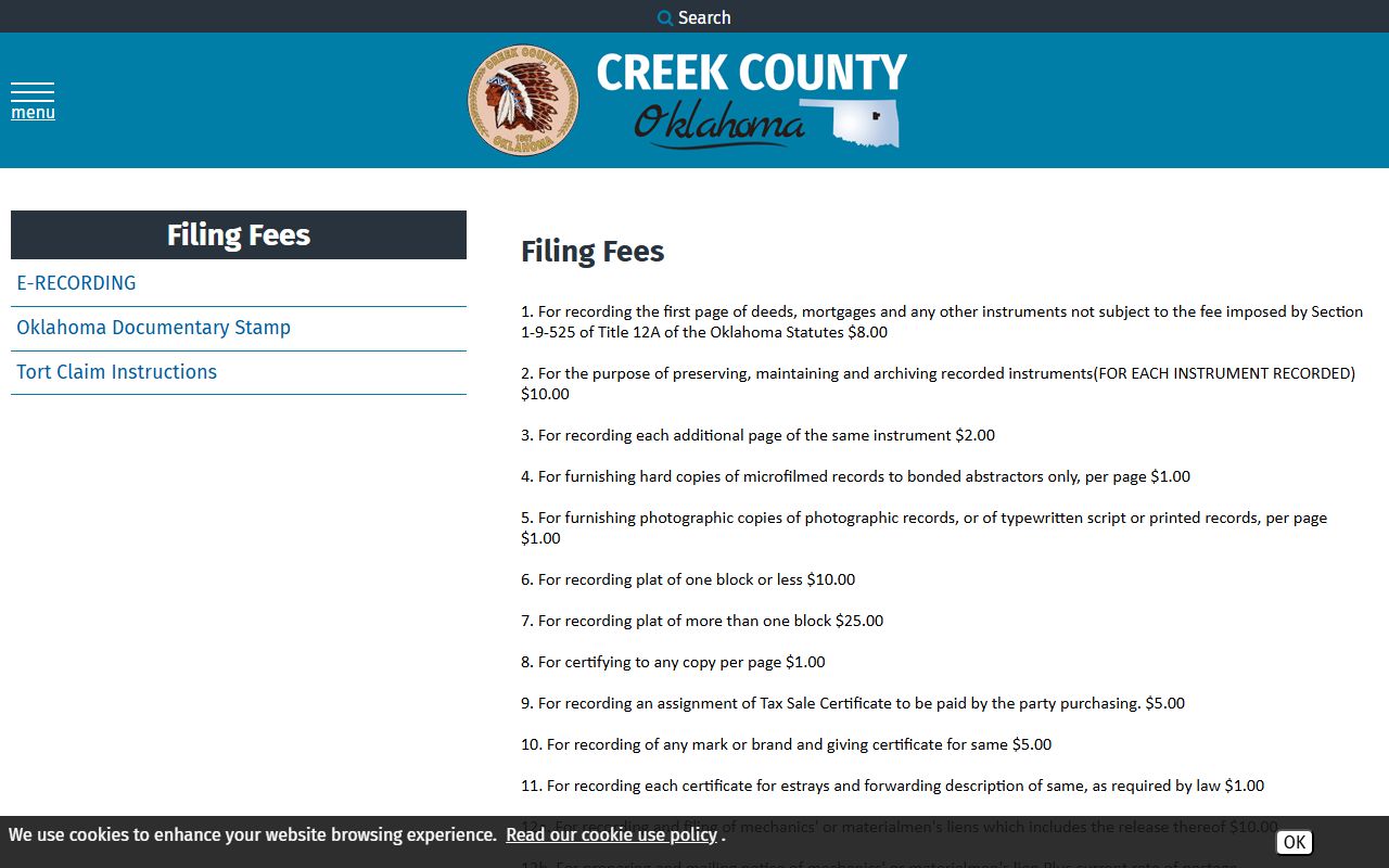 Creek County Clerk fee schedule, separate from Creek County court docket copies