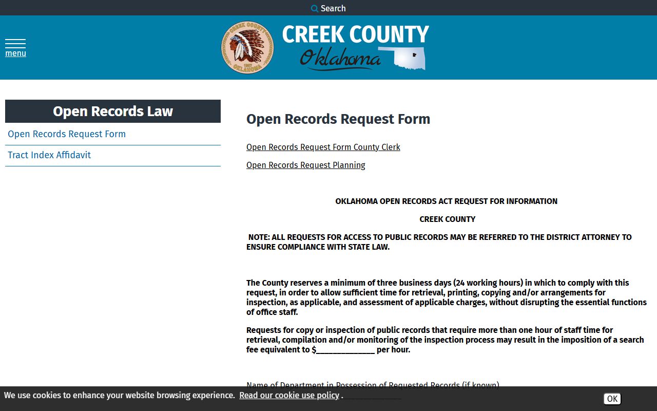 Creek County open records request form for county records, distinct from court records