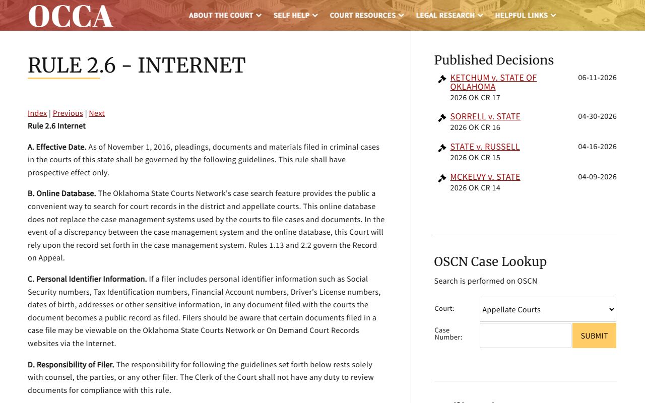 OCCA Rule 2.6 governing online access to Creek County court records