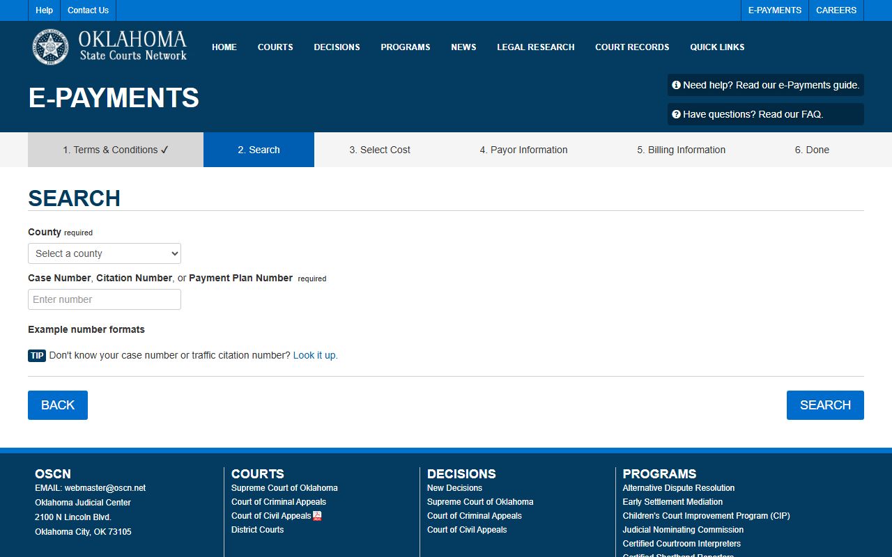 OSCN e-payments search for Creek County court records by case or citation number