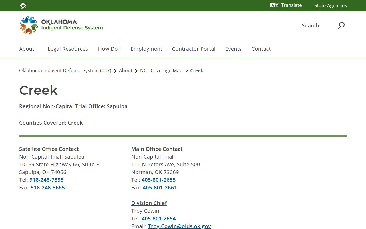 Creek County criminal court records Oklahoma Indigent Defense System coverage page