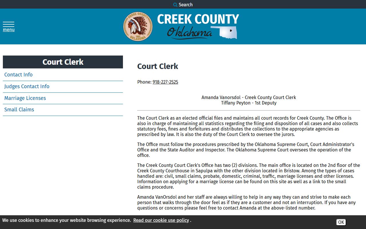 Creek County Court Clerk duties and court record case types