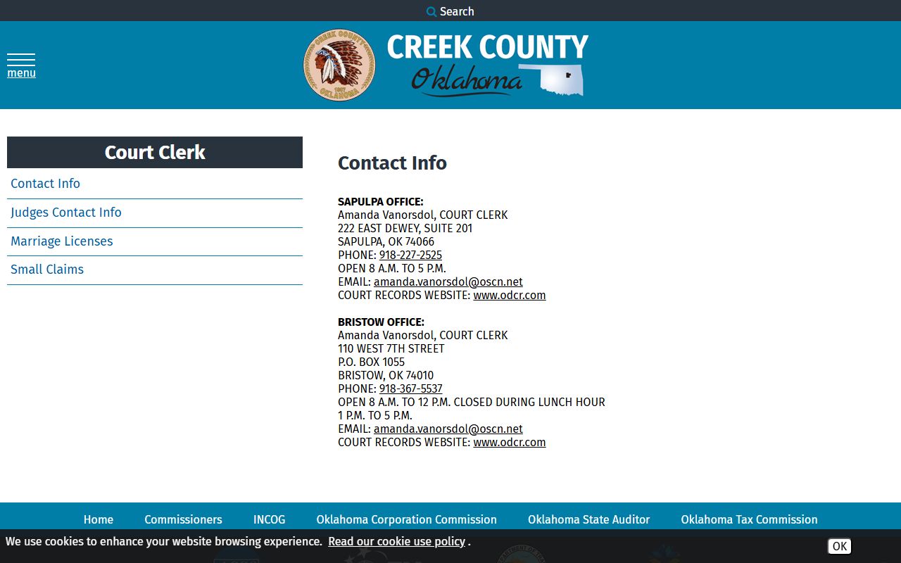 Sapulpa and Bristow Creek County Court Clerk contacts for court records