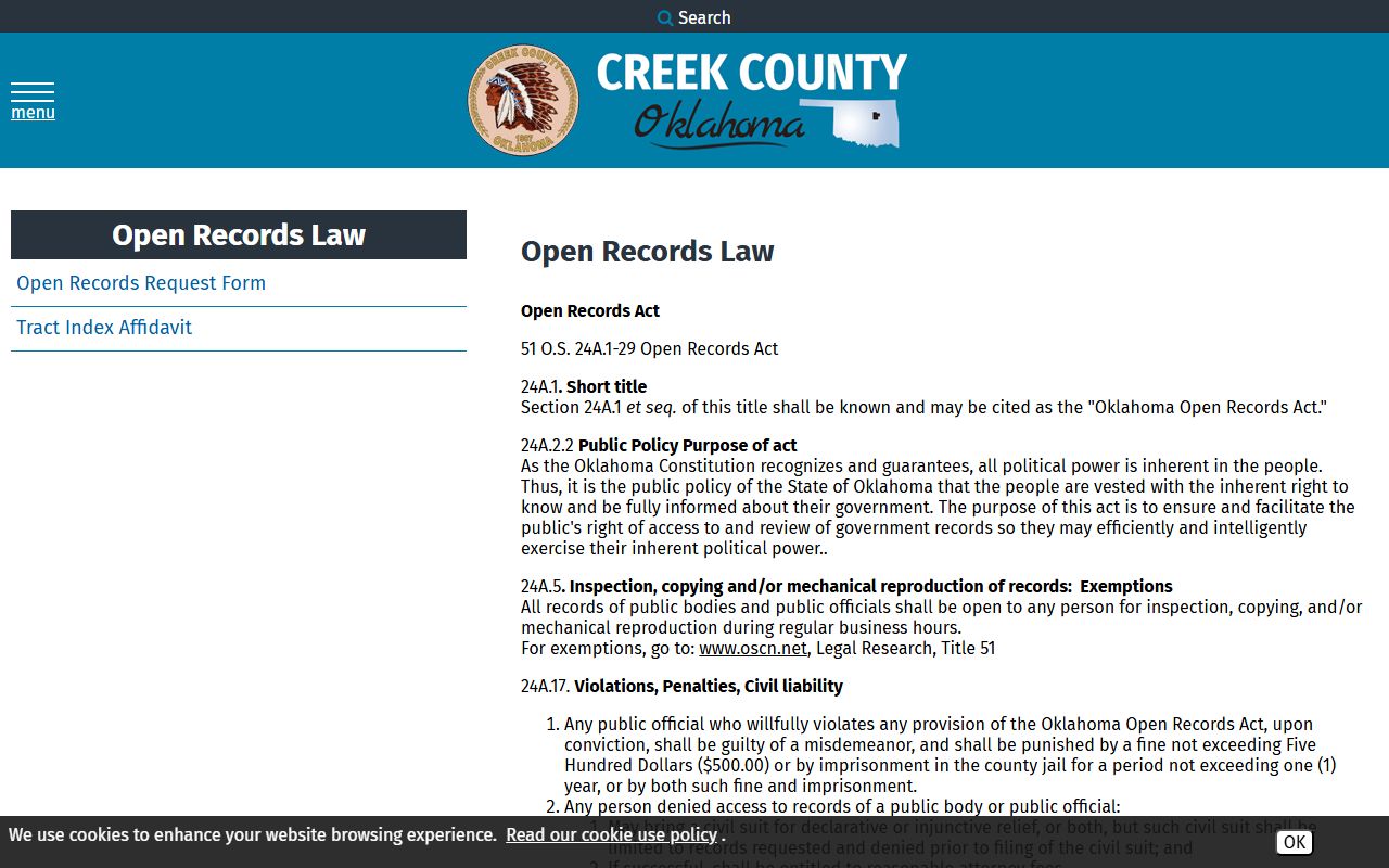 Creek County open records law page for court records access