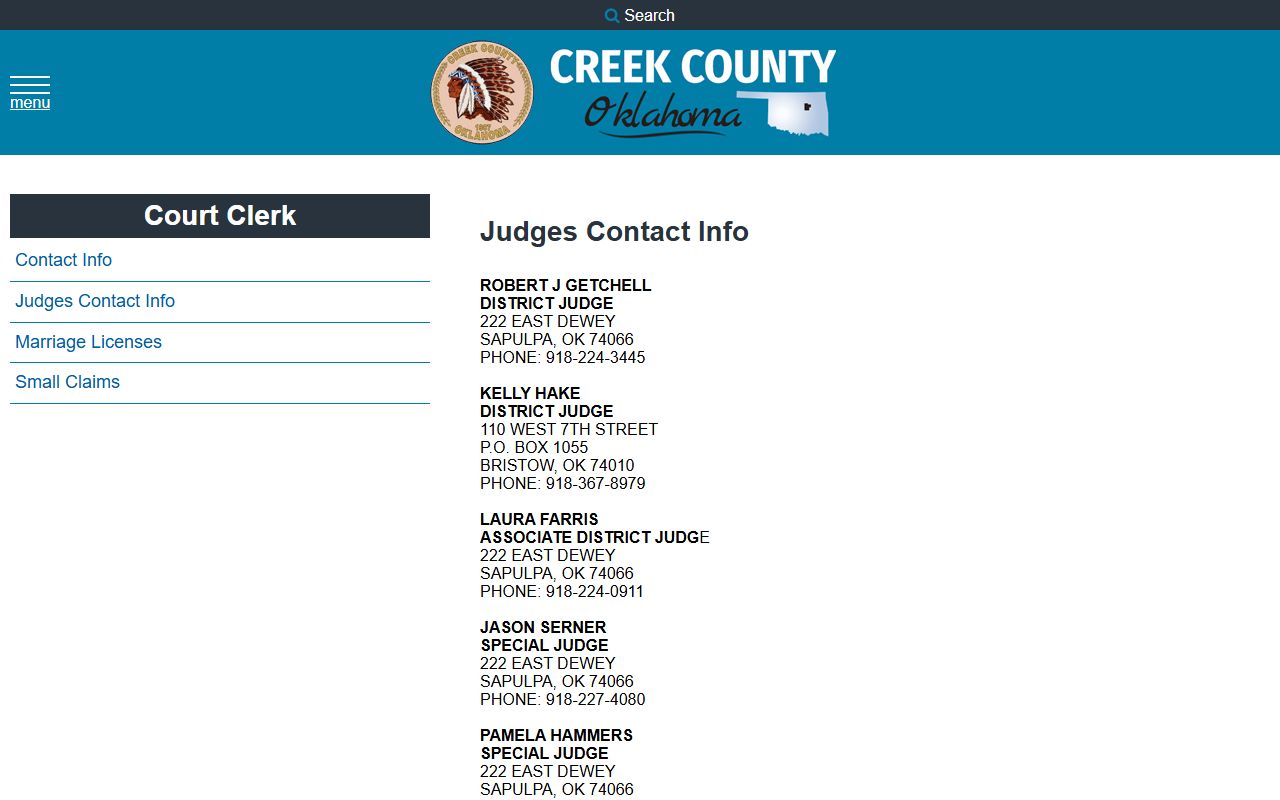 Creek County district and special judge contacts for court records