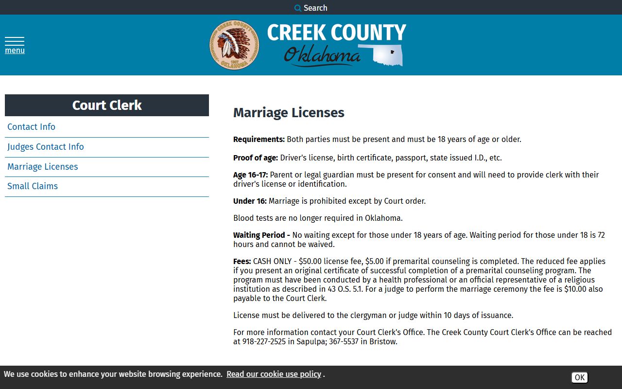 Creek County marriage records license rules and fees page