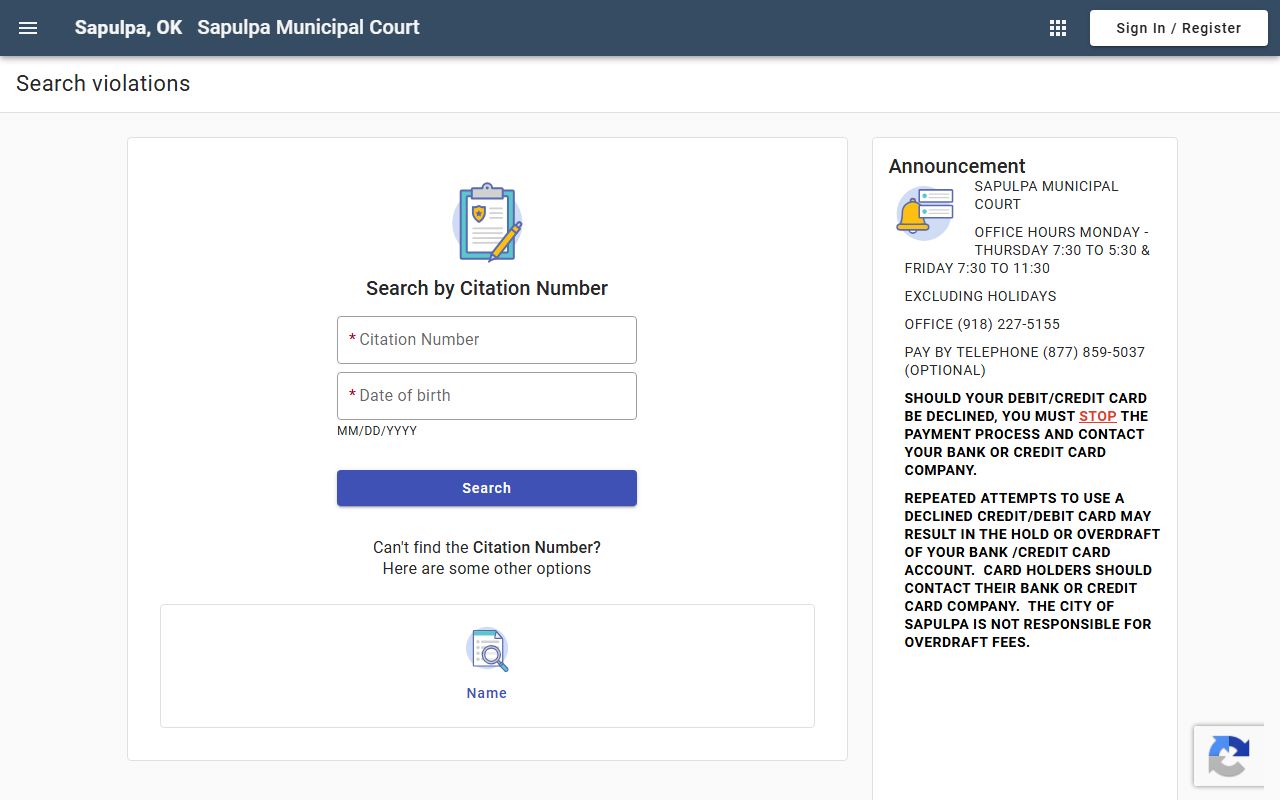 Creek County traffic court records Sapulpa citation search portal