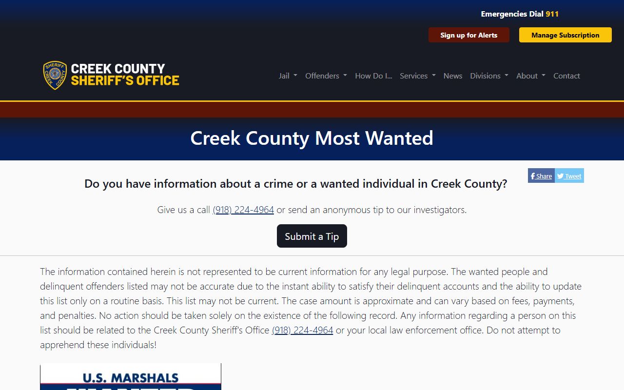 Creek County warrant records Sheriff's most wanted page and tip line