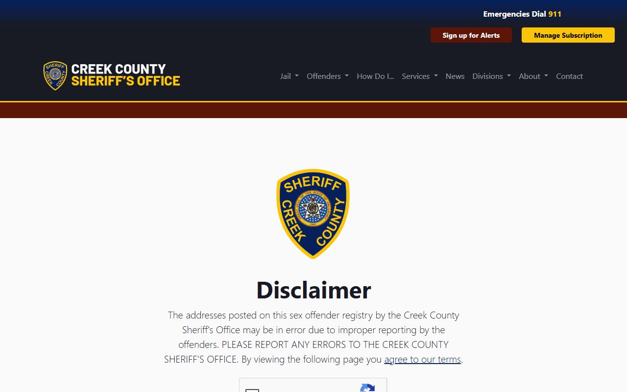 Creek County warrant records Sheriff's public data disclaimer page